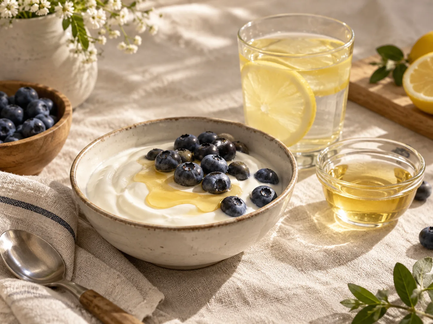 Jogurt z borówkami i miodem obok miseczki płynnego miodu oraz szklanki napoju z cytryną