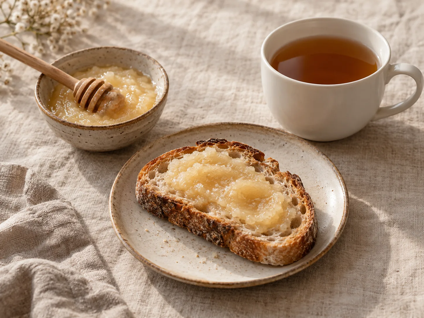 Tost z miodem, ceramiczna miseczka miodu i filiżanka herbaty na lnianym obrusie
